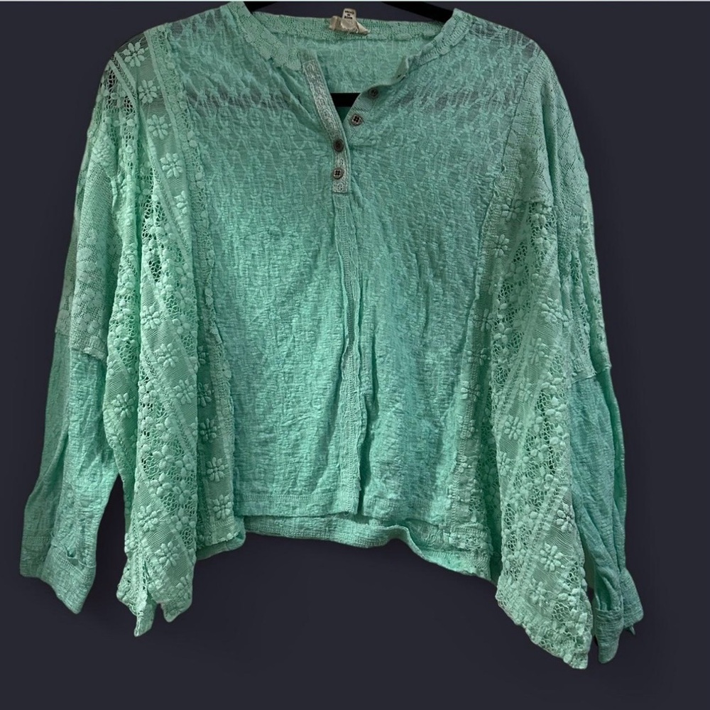 POL Mint Green Lace Gauze Boho Top Size Small Cottagecore Blouse